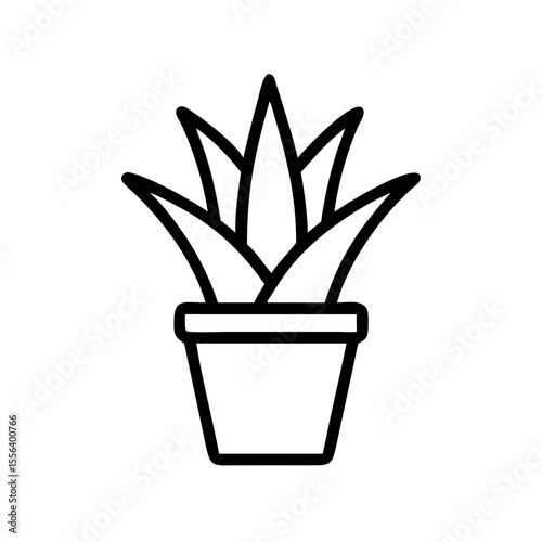 Minimalist black outline vector icon of an aloe vera plant in a pot. Clean design on a transparent background