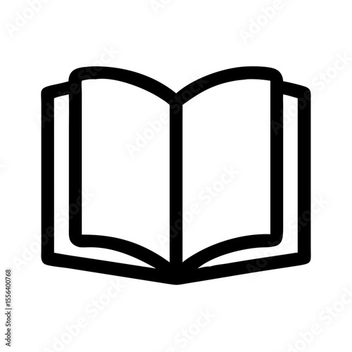 Minimalist black outline vector icon of an open book, symbolizing knowledge, education, and reading. Clean design on a transparent background