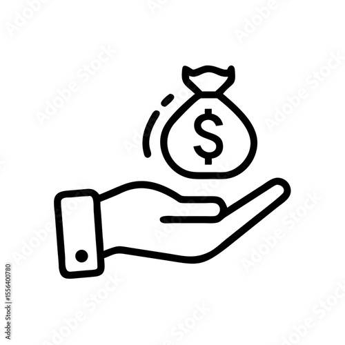 Minimalist black outline vector icon of a hand holding a money bag with a dollar sign, symbolizing investment, finance, and wealth. Clean design on a transparent background