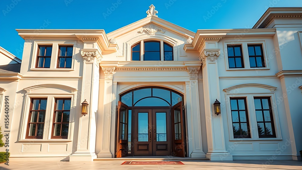 Grand entrance of a luxurious house under a blue sky with clean architectural composition. Grand entrance of a luxurious house under a blue sky with clean architectural composition.