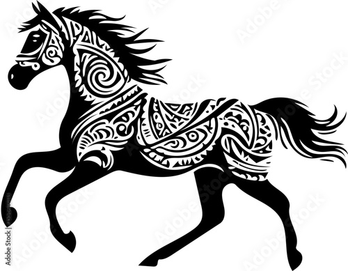 Horse running in silhouette tribal style, black bold design for vinyl decal or tattoo