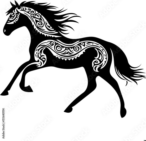 Horse running in silhouette tribal style, black bold design for vinyl decal or tattoo