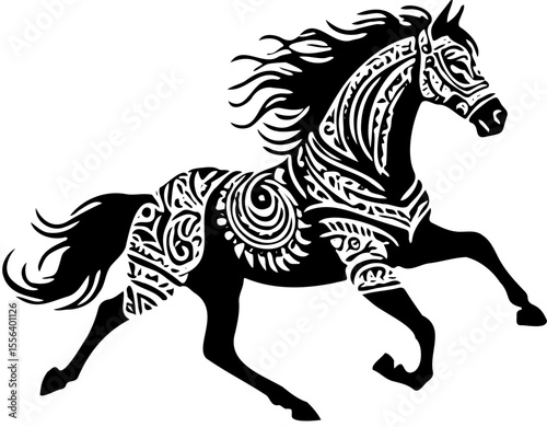 Horse running in silhouette tribal style, black bold design for vinyl decal or tattoo