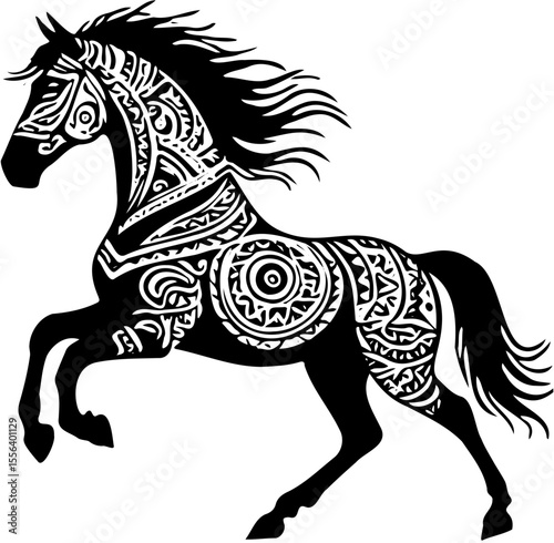 Horse running in silhouette tribal style, black bold design for vinyl decal or tattoo