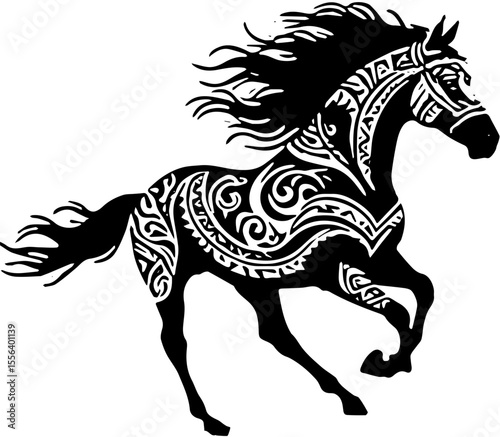 Horse running in silhouette tribal style, black bold design for vinyl decal or tattoo