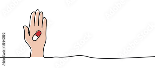 Open palm hand with tablet capsule pill symbol sign,Hand Drawn One continuous line drawing for Poster, banner, background with lettering, Doodle outline, monoline lineArt with place for text copyspace