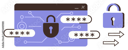 Browser window with password inputs, central lock symbol, encryption-themed circuits, and data transfer arrows. Ideal for cybersecurity, data protection, technology, privacy, internet security