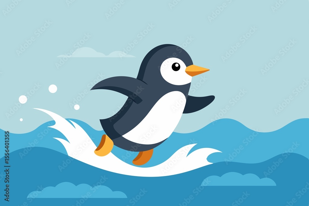 Naklejka premium As the waves crash behind it, a determined penguin runs joyfully out of the ocean, wings spread wide and ready for adventure.