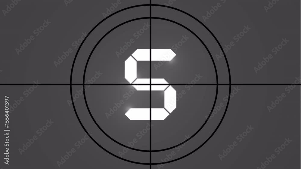 Countdown movie from 0 to 5 number. Old film movie timer count in grey retro style. Movie-style countdown Counting from 10 seconds.