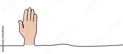 Open palm hand symbol sign,Hand Drawn One continuous line drawing for Poster, banner, background with lettering, Doodle outline, monoline lineArt with place for text copyspace