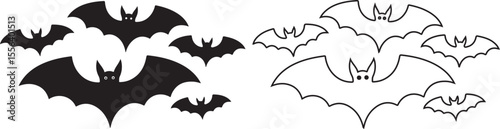 Flying Bat Silhouette and Outline Vector Set – Halloween Theme