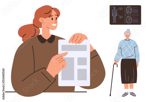 Female doctor holding clipboard while explaining health information to elderly patient. Ideal for healthcare, elderly care, patient-doctor communication, medical consultation, rehabilitation, senior