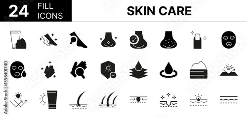 Collection of 24 skin care fill icons featuring editable strokes. These outline icons depict various modes of skin care skincare icon, vector, skin, cosmetic, pore, acne, 