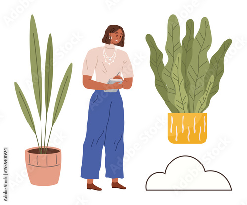Woman writing in notebook with potted green plants and cloud outline. Ideal for creativity, mindfulness, nature, organization, eco-living, personal growth, simple flat metaphor