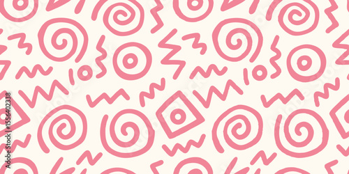 Pink abstract doodle patterns with swirls and zigzags on a cream background