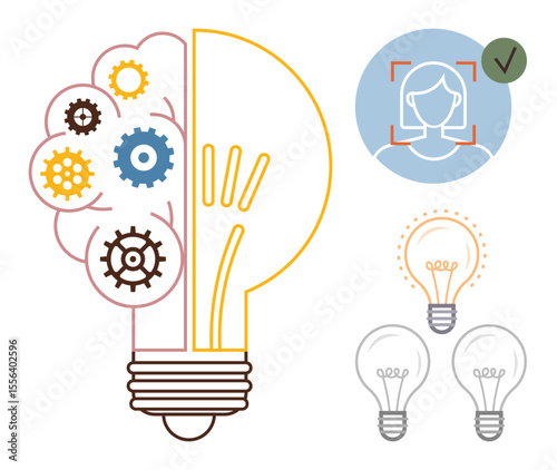 Brain and lightbulb combined with gears, symbolizing innovation and creative thinking. Includes facial recognition and validation with a checkmark. Ideal for technology, AI, creativity, innovation