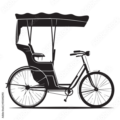 Classic bicycle rickshaw with canopy and passenger seat isolated on white background silhouette