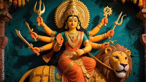 Goddess durga seated majestically on her lion vahana holding various divine weapons