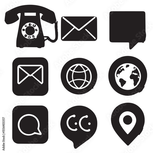 Collection of nine distinct black communication and contact icons in a clean silhouette style on a white background