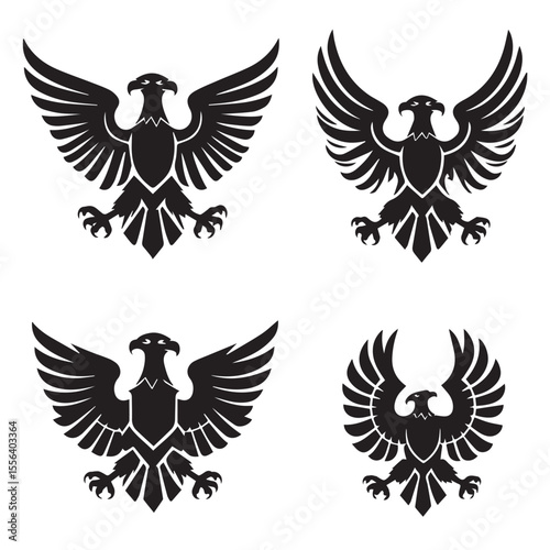 Four distinctive black eagle heraldic symbols with spread wings and talons presented as a clean silhouette design