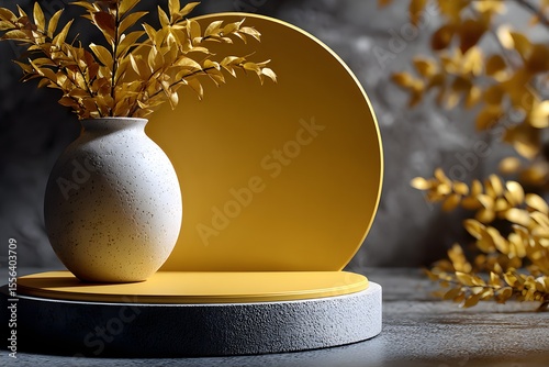 Abstract Product Display with Golden Leaves and Podiums