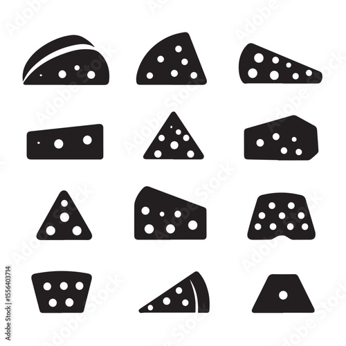 Collection of diverse cheese wedge and slice icons in a clean black silhouette style with holes representing swiss cheese