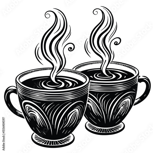 Two steaming coffee cups hot beverage black and white
