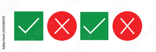 Check mark and cross mark icons set. Green check marks and red cross mark icon button.Green tick OK and red X cross. YES and NO. 