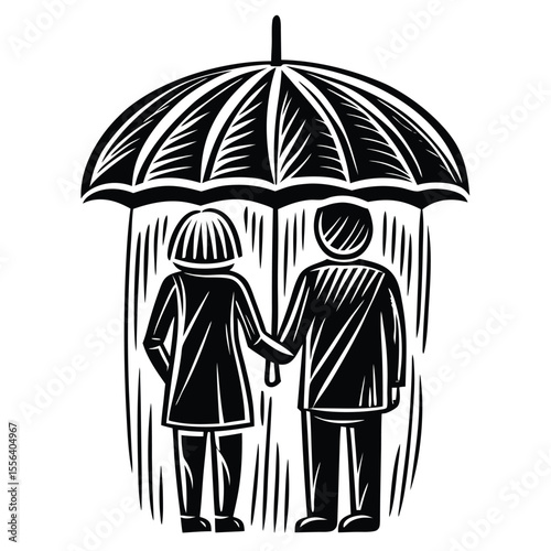 Couple under umbrella in rain protection shelter