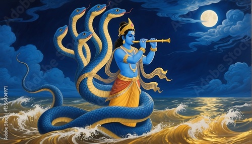 Blue deity with multiple snake heads plays flute on golden ocean waves under moonlit sky