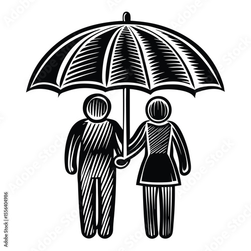 Couple under umbrella protection shelter