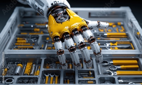 A robot hand reaching into a toolbox filled with yellow handled tools and metal wrenches
