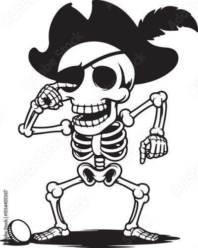 Cartoon pirate skeleton with eye patch and hat