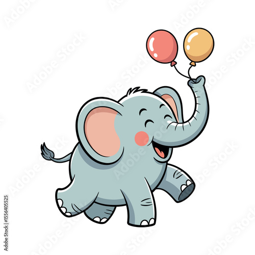 Happy cartoon elephant holding colorful balloons for a joyful celebration Cute character with cute animal happy illustration drawing graphic children kids party birthday