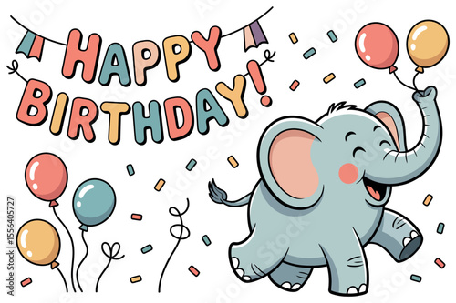 Happy Birthday Greeting Card with a Cute Elephant Holding Balloons Cartoon elephant holding balloons happy birthday text and confetti birthday elephant balloons happy