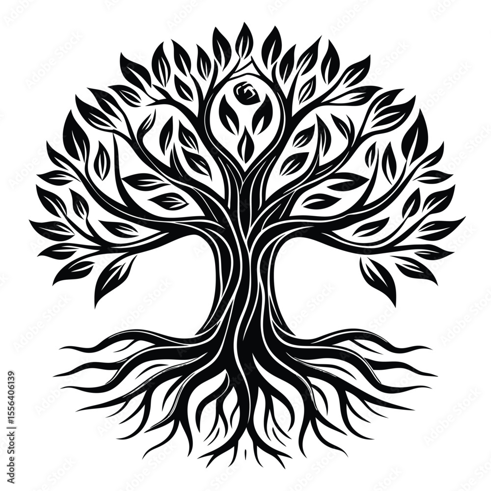 Obraz premium Stylized Black Tree With Roots and Leaves branches