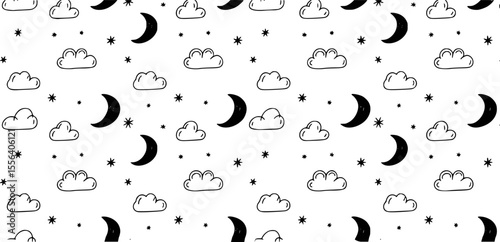 Black and white celestial pattern with clouds and moons seamless pattern crescent moon
