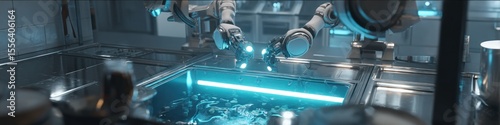 Robotic arms working over a glowing blue water filled sink in a futuristic kitchen
