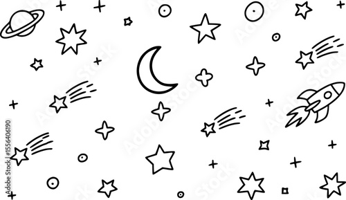 Black and white doodle space pattern with planets stars and rockets vector