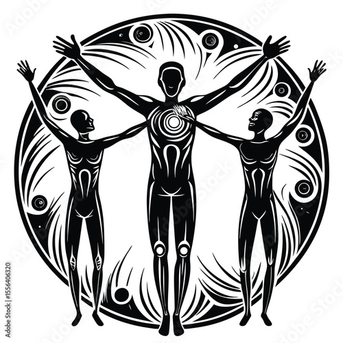 Three figures embracing circular design people human