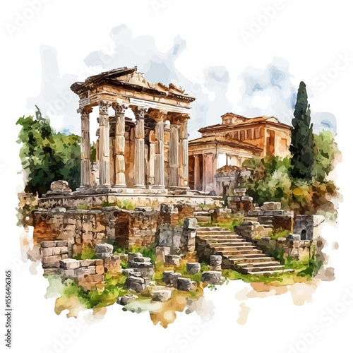 Archaeological Museums, watercolor illustration vector, isolated on a white background.