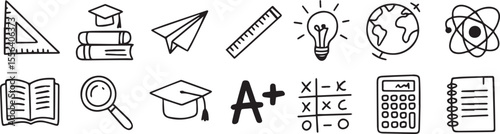 Black and white hand drawn educational and scientific icons science school