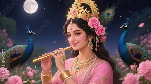 Beautiful indian woman playing flute adorned with jewels and flowers with peacocks