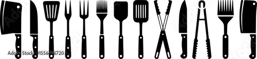 Black and white illustration of barbecue utensils grill cooking