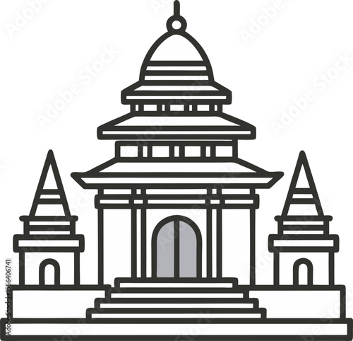 Outline drawing of a traditional Hindu temple with a tiered roof isolated on a white background