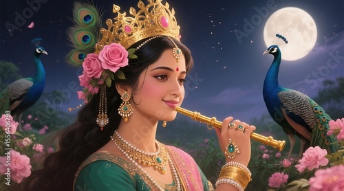 Beautiful indian woman playing a golden flute surrounded by peacocks and roses under the moon