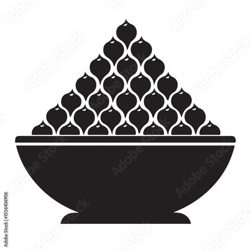 A striking black silhouette of a bowl overflowing with a pyramid of plump teardrop shaped fruits or candies with small white highlights creating a visually appealing abstract design silhouette