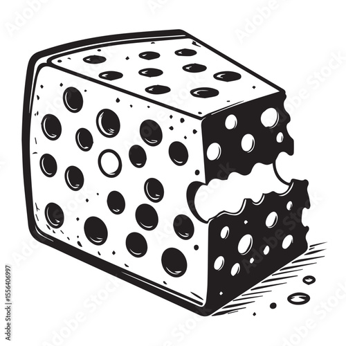 A bold black and white graphic illustration of a wedge of swiss cheese with a bite taken out of it featuring a distinctive silhouette style