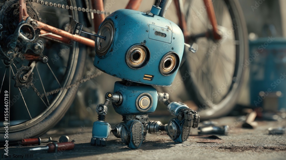 Fototapeta premium A blue robot sitting on the ground next to a bicycle with tools scattered around it