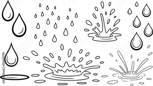 Black and white line art illustration of falling water drops and splashes liquid